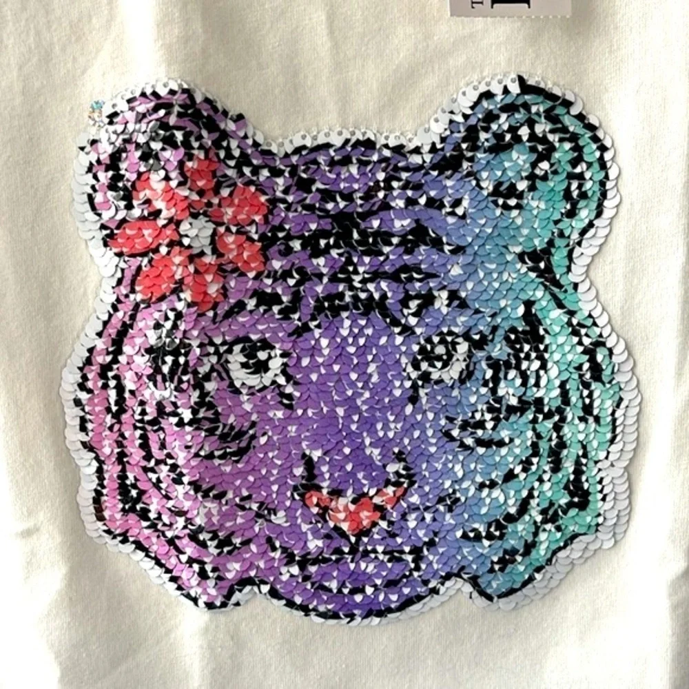 Brand New The Children’s Place White Short Sleeve Top Flip Sequins Floral Tiger